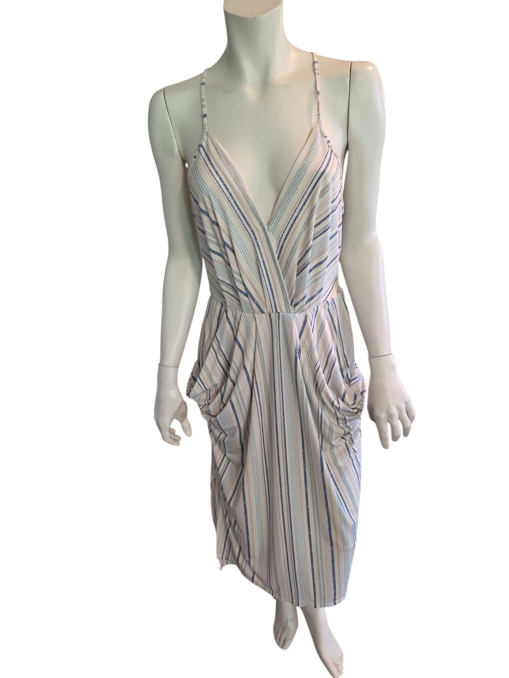 BCBGeneration White and Blue Striped Draped Pocket Midi  Dress